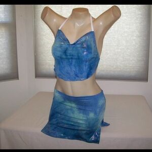 stripper / rave blue tie dye bikini mini skirt outfit